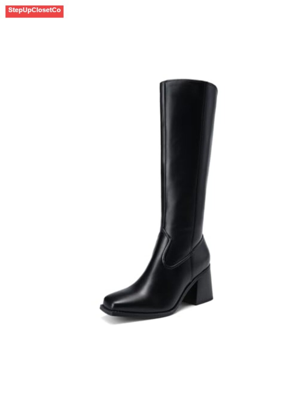 Women's Knee High Block Heel Square Toe Faux Leather Motorcycle Boots Side Zip